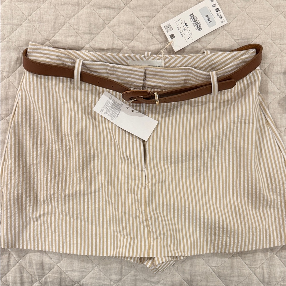 Zara High Waist Striped Cream and White Shorts